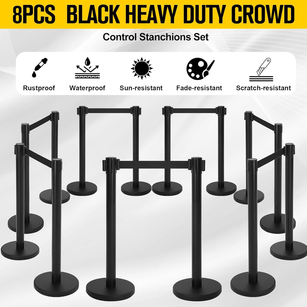 Therwen 8 Pcs Stanchions with 8.2 ft Retractable Belt Black Crowd Control Stanchions Set and Stanchion Post Sign Easy to Assemble Line Dividers Queue Ropes for Theaters, Weddings, Exhibitions