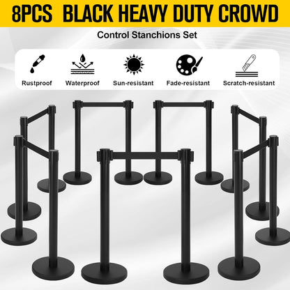 Therwen 8 Pcs Stanchions with 8.2 ft Retractable Belt Black Crowd Control Stanchions Set and Stanchion Post Sign Easy to Assemble Line Dividers Queue Ropes for Theaters, Weddings, Exhibitions