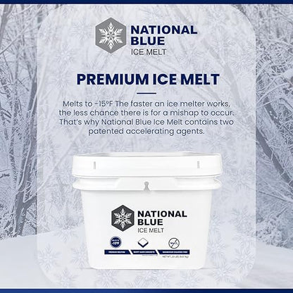 National Blue Ice Melt 20lb Bucket - Fast Acting Ice Melter - Pet, Plant and Concrete Friendly, Environmentally Safe - Free of Magnesium Chloride - Melts to -15°F