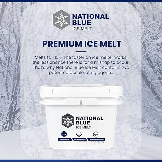 National Blue Ice Melt 20lb Bucket - Fast Acting Ice Melter - Pet, Plant and Concrete Friendly, Environmentally Safe - Free of Magnesium Chloride - Melts to -15°F