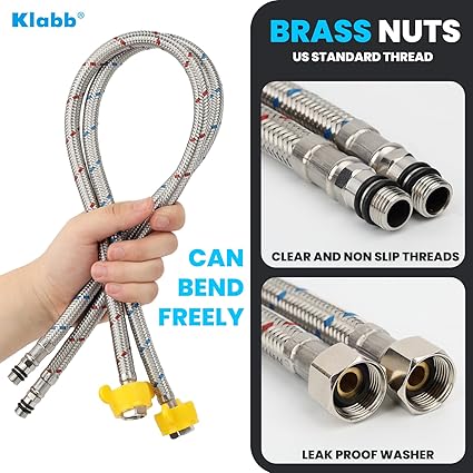 Klabb F18 32-Inch Long Bathroom Kitchen Faucet Connector Braided Stainless Steel Supply Hose 38-Inch Female Compression Thread x M10 Male Connector, x 2 Pcs (1 Pair)