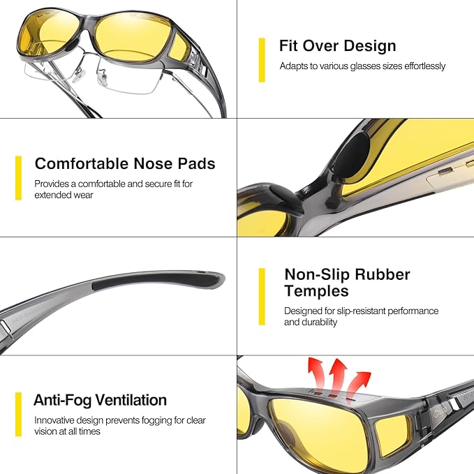 DUCO Night Vision Driving Glasses Fit Over Glasses for Men and Women Anti Glare Polarized Yellow Nighttime Lens 8953Y