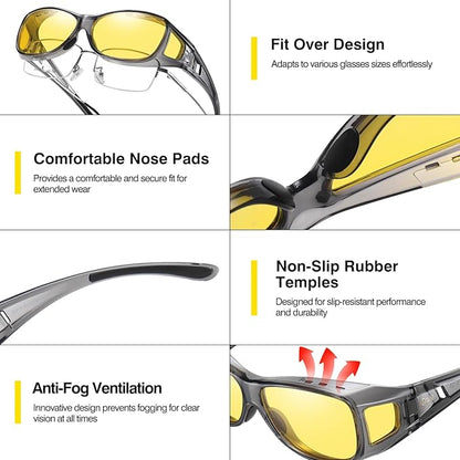 DUCO Night Vision Driving Glasses Fit Over Glasses for Men and Women Anti Glare Polarized Yellow Nighttime Lens 8953Y