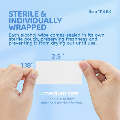 Dynarex DynaSafety Sterile Alcohol Prep Pads - Medium - 70% Isopropyl Alcohol, Individually Wrapped, Soft Cleaning Wipes - 170 per Box