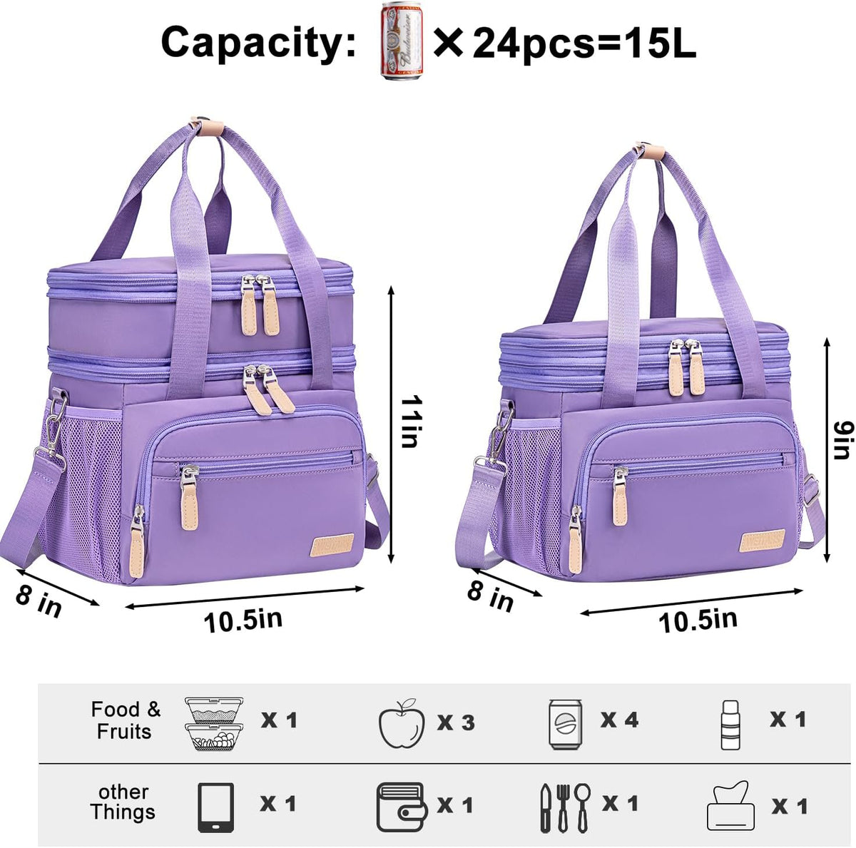 Insulated Lunch Box for Women Men-Dual Compartment Waterproof Reusable Large Lunch Bag Wide-Open Tote Cooler Bag For Working Picnic Hiking (15L) (Purple)