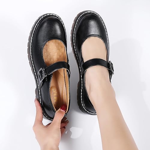 XMM Mary Jane Shoes Women Oxford Shoes Leather Round Toe Flats Non-Slip Ankle Buckle Strap Comfort Casual Dressy Cosplay Party School Work Shoes - Yellow Trim