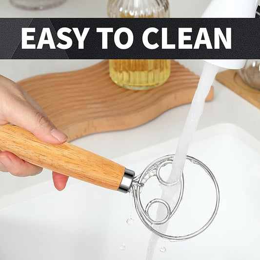 Danish Dough Whisk Stainless Steel Dough Whisk Dutch Bread Dough Hand Mixer Wooden Handle Kitchen Baking Tools Bread Making Tools and Supplies