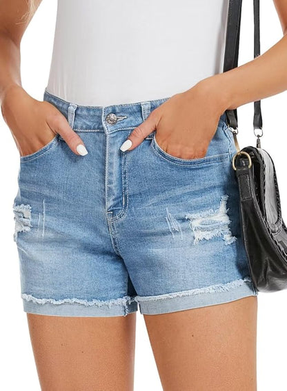 FEKOAFE 2025 Womens Casual Mid/High Waisted Denim Shorts Summer Stretchy Ripped Jean Shorts for Women