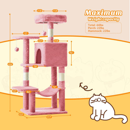 Cat Tree 54 Inch, Multi-Level Cat Tower with Condo, Perches, Sisal Scratching Posts and Climbing Ladder, Pet Play Toy Balls House for Indoor Cats, Pink