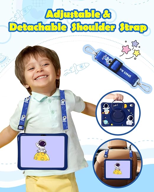 for iPad 10th Generation Case 10.9 Inch Boys Cute Astronaut Cover Kawaii 3D Cartoon Spacemen Cool Funny with Rotating Handle Stand + Strap Soft Silicone Funda for Apple iPad 10th Gen Cases