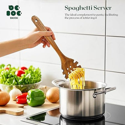 Natural Nonstick Teak Wood Pasta Fork, Noodle Spaghetti Spoon Server, Handmade Strainer Slotted Spoon Skimmer Spoons