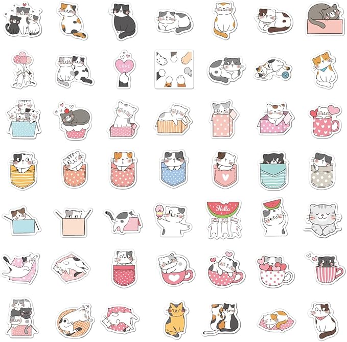 100 Pcs Cute Cat Stickers, Aesthetic Cat Waterproof Vinyl Stickers for Water Bottle Kids Adults Girls Women Kitten Stickers