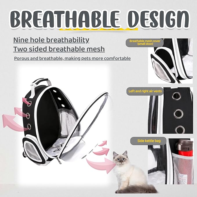 Cat Backpack Bubble, Cats and Dogs Pet Carrier Hard, Suitable for Cats Traveling Cat Bag Carrier, Transparent Outdoor Waterproof Spacecraft Pet Backpack Carrier(Black)