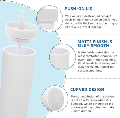 Volhoply 20oz Plastic Skinny Tumbler,Double Wall Tumblers with Lid and Straw,Reusable Travel Iced Coffee Mug,BPA Free Matte Acrylic Water Cups With Straw for Parties,DIY Gifts(White,1 Set) (Has Slight Cosmetic Defect)