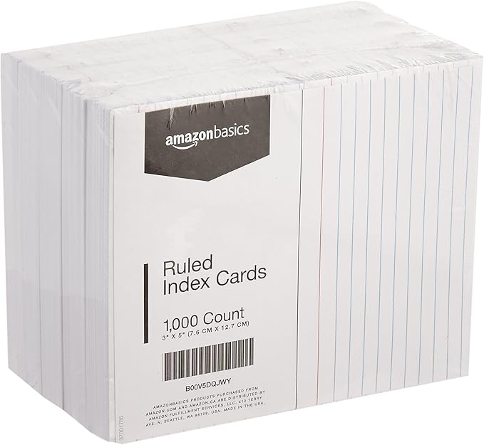 Basics Ruled Lined Index Cards, 1000 count, 10 Pack of 100, White, 3 in x 5 in