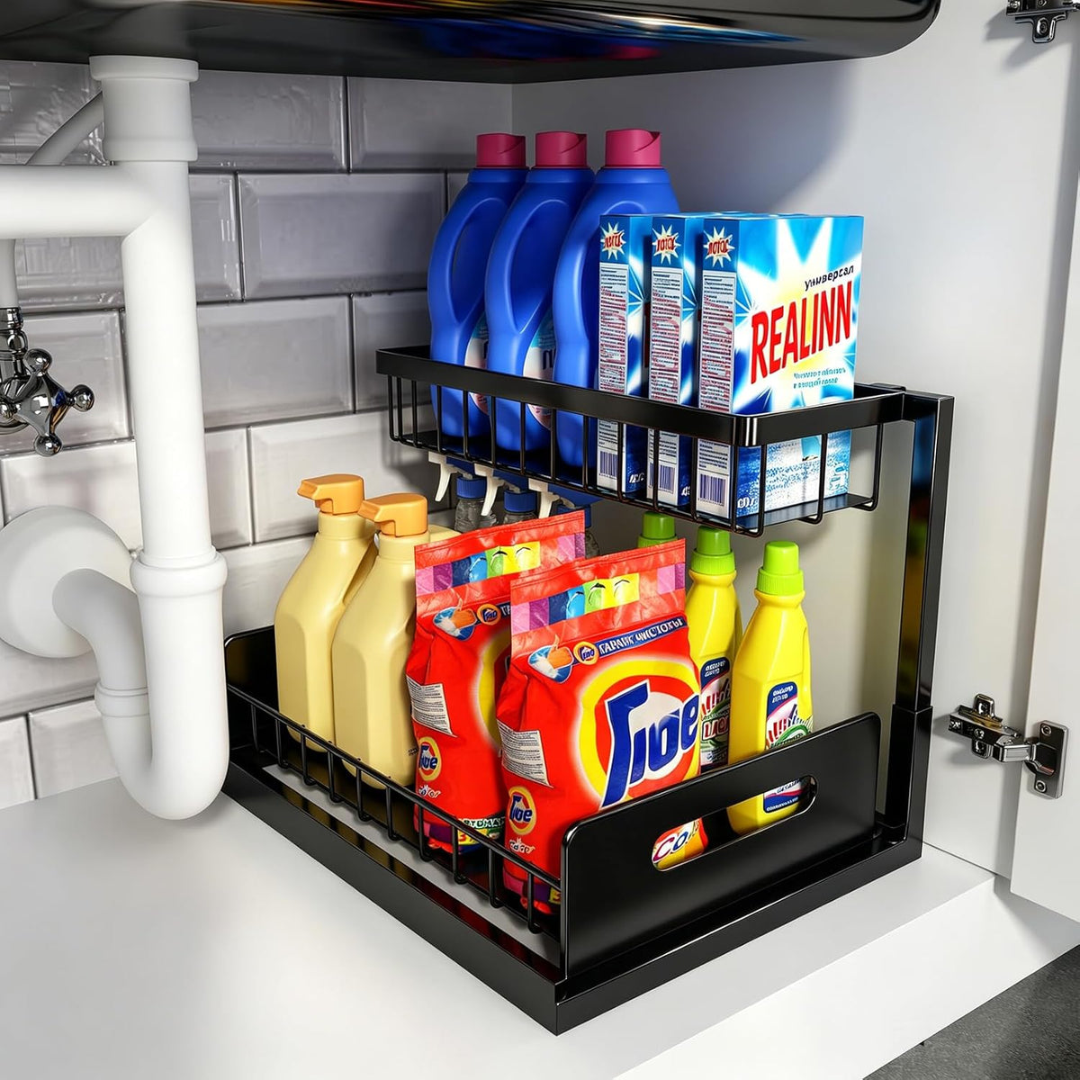 REALINN Under Sink Organizer, Pull Out Cabinet Storage 2 Tier Slide Out Sink Shelf, Kitchen Organizers and Storage, Black, 1 Pack