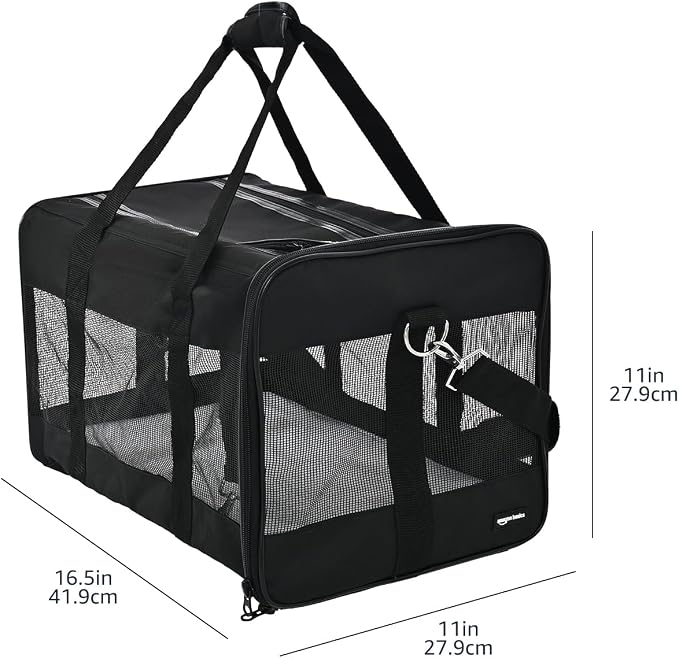 Basics Airline Approved Soft-Sided Mesh Pet Travel Carrier with Shoulder Strap, Portable, Washable Removable Fleece Pad for Dog, Cat, up to 16 pounds, 16.5" L x 10.6" W x 11" H, Black