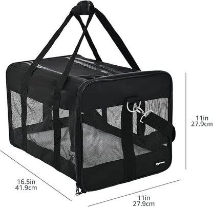 Basics Airline Approved Soft-Sided Mesh Pet Travel Carrier with Shoulder Strap, Portable, Washable Removable Fleece Pad for Dog, Cat, up to 16 pounds, 16.5" L x 10.6" W x 11" H, Black