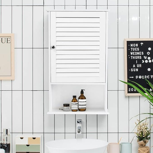Tangkula Medicine Cabinet, Wall Mounted Bathroom Cabinet Single Door Wooden Bathroom Wall Cabinet with Adjustable Shelf