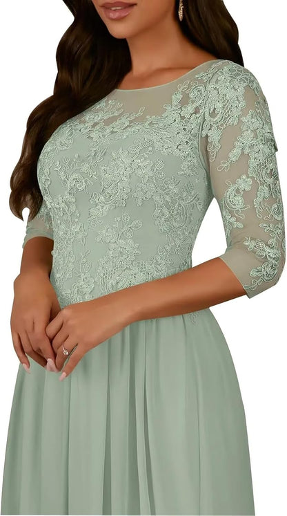 DMCDBHY Women's Chiffon Mother of The Bride Dress Lace Applique 3/4 Sleeve Formal Evening Gown