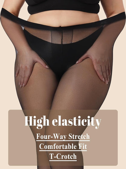 Plus Size Sheer Black Tights for Women T-Crotch 20D Ultra Thin Pantyhose High Waist Stockings 2 Pairs (Open Box)
