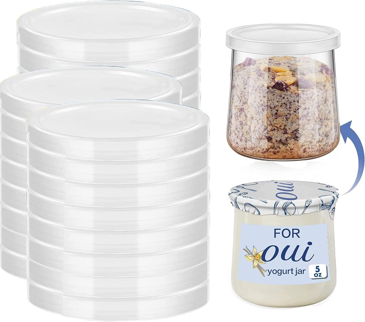 15PCS Yogurt Jar Lids - Clear Plastic, Reusable, BPA-Free Polypropylene, Screw Top, Transparent, Round, Microwaveable, Ideal for Oui Yogurt Jars, Glass Jars, and More