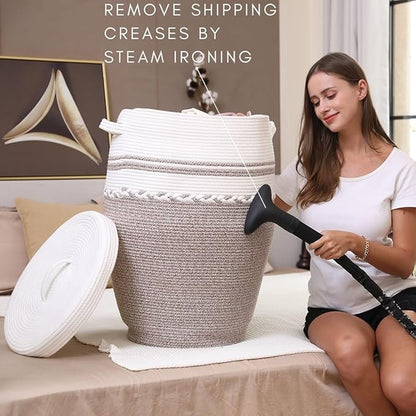 26"x20" Tall Extra Large Storage Basket with Lid, Cotton Rope Storage Baskets, Woven Hamper with Cover, Clothes Bin, WhiteDeep Camel White Mix