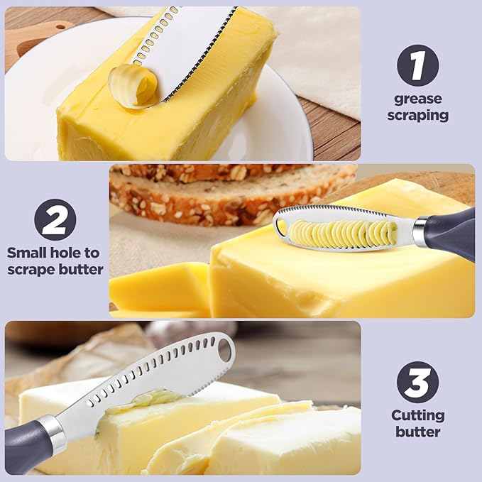 LemonBest Butter Knife - 3-in-1 Stainless Steel Butter Spreader Knife Slicer with Wooden Handle Butter Cutter Butter Grater Kitchen Gadgets for Spreads Butter Cheese and Condiments