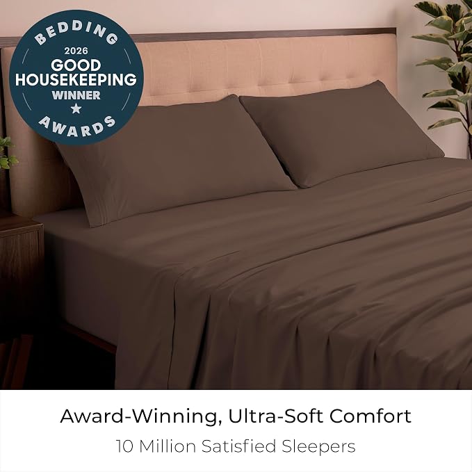 Mellanni Iconic 4-Piece, Ultra Soft Sheet Set (King, Brown) 10M+ Sleepers. Lab-tested: Sleeps Cool, Stays Bright, Strong, Smooth. Good Housekeeping Best Bedding, 7 yrs running.