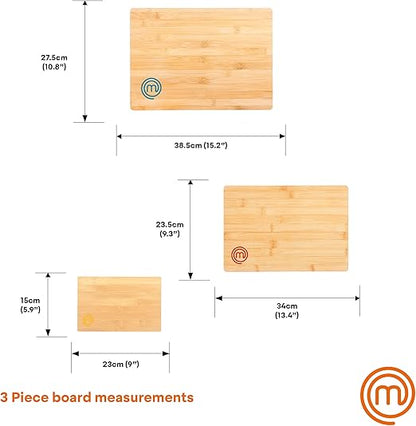 MasterChef Cutting Boards for Kitchen, Bamboo Chopping Board Set of 3, Organic Food Safe Surfaces for Preparing & Serving Meat, Cheese etc, Large, Medium & Small Wooden Boards with Color Coded Logos