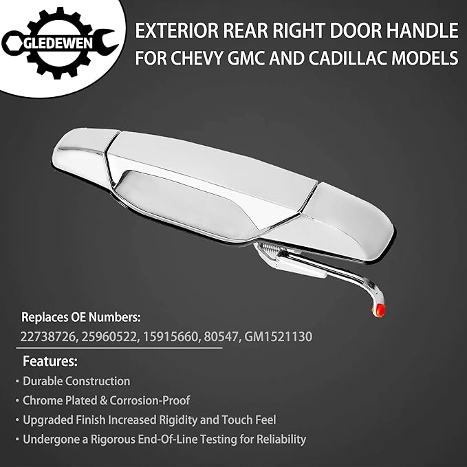 Exterior Chrome Door Handle Rear Right Passenger Side  for 2007-2013 Chevy Silverado Suburban Tahoe Avalanche, GMC Sierra Yukon, Cadillac Escalade  Replaces 22738726, 25960522, 15915660, 80547