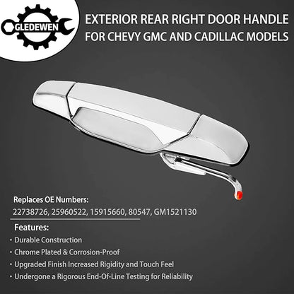 Exterior Chrome Door Handle Rear Right Passenger Side  for 2007-2013 Chevy Silverado Suburban Tahoe Avalanche, GMC Sierra Yukon, Cadillac Escalade  Replaces 22738726, 25960522, 15915660, 80547