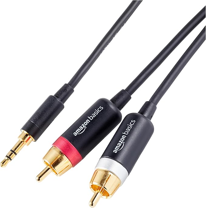 Basics 3.5mm Stereo Aux to 2 x RCA Audio Cable Adapters, 4 Feet1.2 m, for Connecting Amplifiers, Speakers, with Gold-Plated Plugs, Black