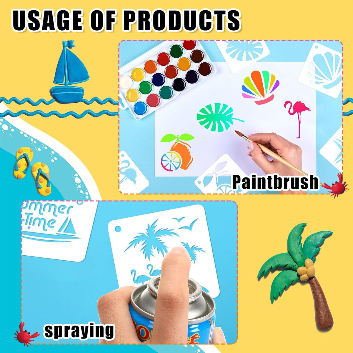 Augshy Beach Stencils, 56 Pack Summer Beach Wood Hawaiian Ocean Life Stencils for Scrapbooking Drawing Wall Floor Decor DIY Rock Painting Art Projects (3 Inch)