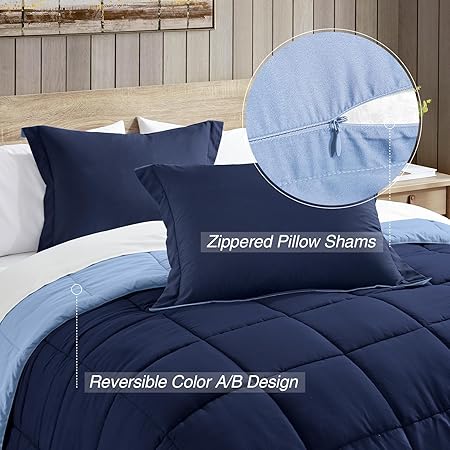 satisomnia Full Size Comforter Set, Navy Blue Bedding Comforters Full Size, 3 Pieces Down Alternative Bed Comforter Lightweight, Soft Quilted Bed Set Breathable, Reversible All Season Bedding Sets