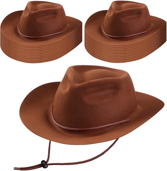 Mepase 24 Pieces Disposable Plastic Western Cowboy Hat Set Felt Wide Brimmed Cowgirl Party Hats for Men Women Adult Costume Party(Brown)
