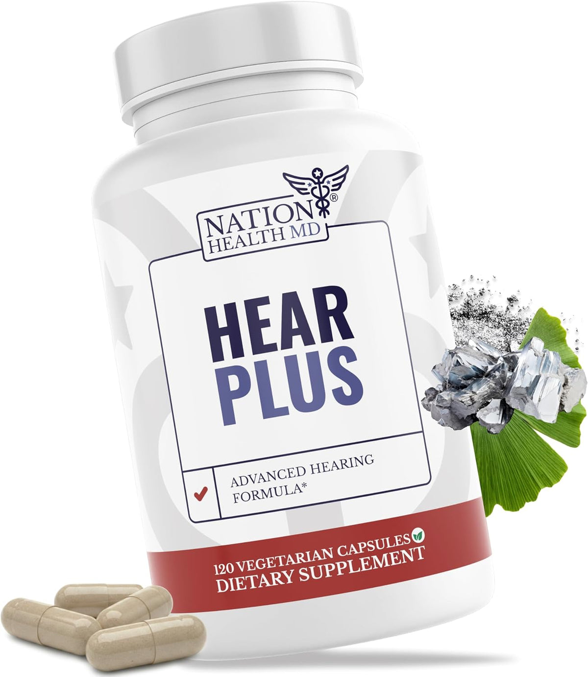 NATION HEALTH MD Hear Plus - Tinnitus Supplement - Advanced Hearing Formula for Ringing Ears with Ginkgo Biloba, Pine Bark Extract & Magnesium - 120 Capsules
