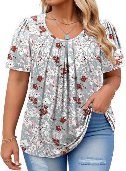 VISLILY Womens-Plus-Size-Summer-Tops Flowy Pleated T Shirts Crew Neck Short Sleeve Blouses Casual Loose Tunics Tee XL-5XL.