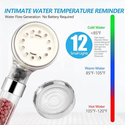 LED Shower Head with Handheld, Shower Head High Pressure Shower Head with Hose, Holder  PTFE Tape etc, 3 Water Temperature-Controlled Water Saving Filtered Shower Head for Dry Hair Skin
