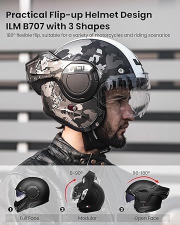 ILM Vintage Full Face Modular Motorcycle Helmet for Adults Men ATV UTV Snowmobile with 180 Reversible Chin Guard DOT Model-B707(Camouflage, M)