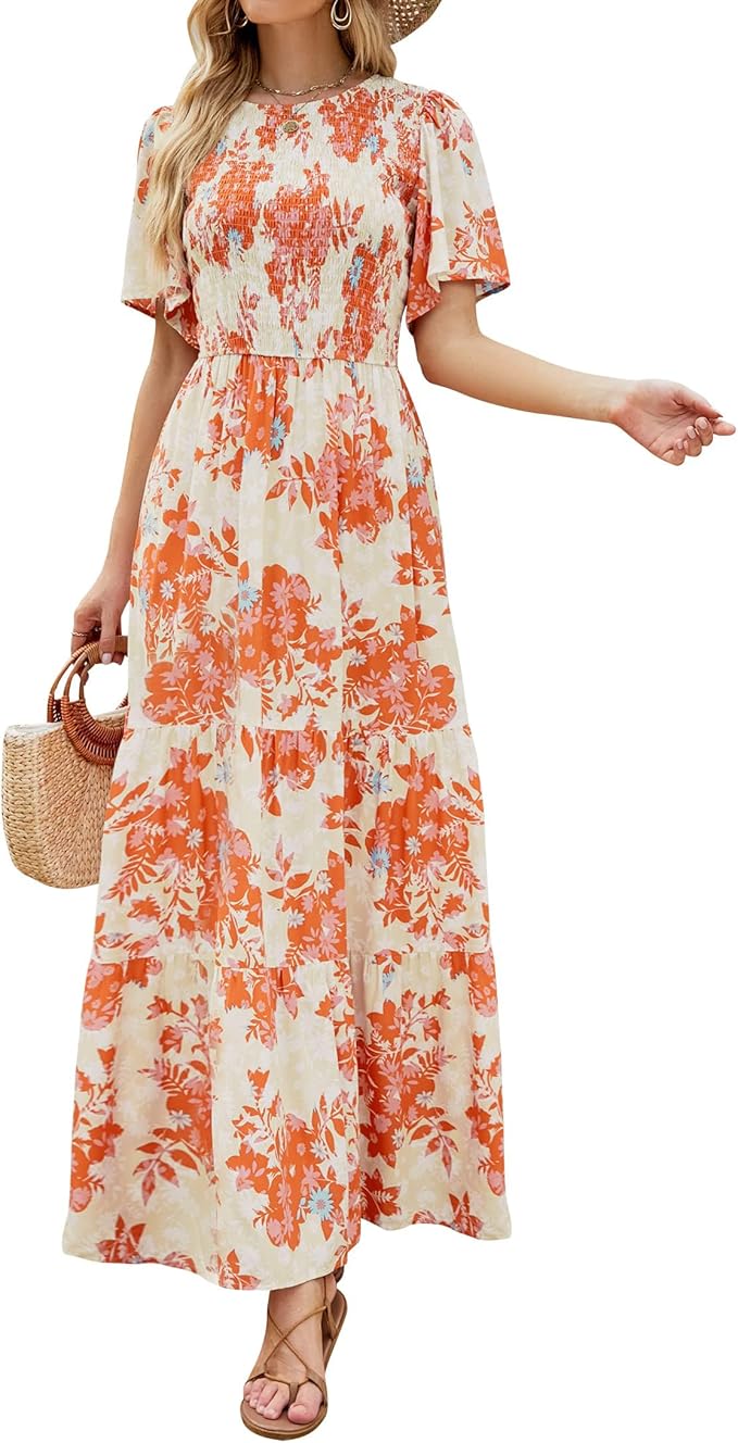 ZESICA Women's 2025 Summer Casual Floral Print Short Flutter Sleeve Crew Neck Smocked High Waist Flowy Maxi Dress