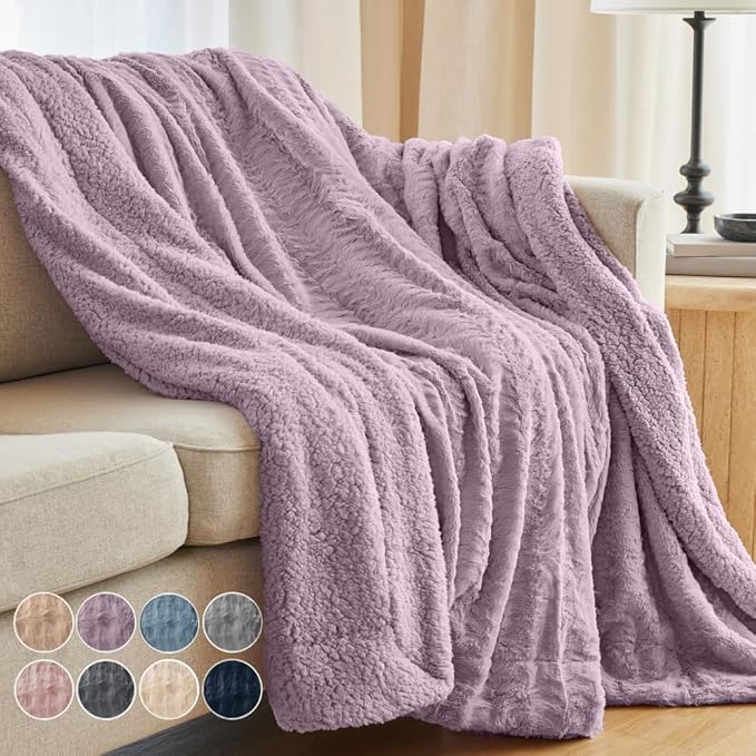 The Connecticut Home Co Throw Blanket for Couch, Soft Luxury Home Decor Faux Fur and Sherpa, Cozy Warm Throws for Bed, Gift for Women, Bedding Accent Blankets for Sofa Beds Chair, 65x50, Purple