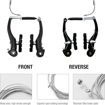 2 Pairs Bike Brake Set, Universal Complete V Bike Brakes Set for Most Mountain Bicycle, Including Road Bike Brakes Cables, Front Back Wheels End Caps,End Ferrules-Black