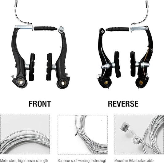2 Pairs Bike Brake Set, Universal Complete V Bike Brakes Set for Most Mountain Bicycle, Including Road Bike Brakes Cables, Front Back Wheels End Caps,End Ferrules-Black