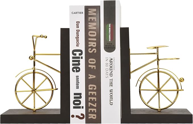 Spiretro Bicycle Bookend Supports, Decorative Book Stoppers with Non-Skid Bottom, Handcrafted Distressed Wood  Metal Book Stand, Display for Bookshelf Office Desktop, 1-Pair, Golden  Brown