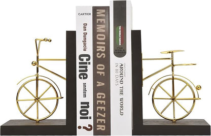 Spiretro Bicycle Bookend Supports, Decorative Book Stoppers with Non-Skid Bottom, Handcrafted Distressed Wood  Metal Book Stand, Display for Bookshelf Office Desktop, 1-Pair, Golden  Brown