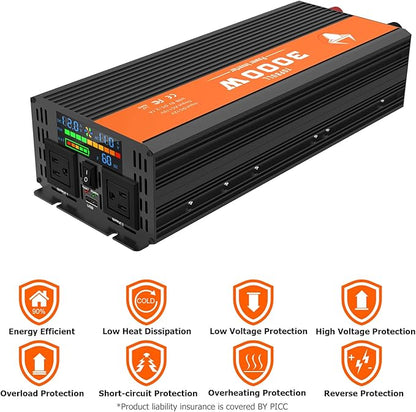 Power Inverter 3000 Watt, Car/Outdoor 12V DC to 110V AC Converter, with LED Display, Dual AC Outlets, USB Port, Dual Smart Fans, Cables Included, Suitable for RV, Outdoor, Camping, Boat, Emergency