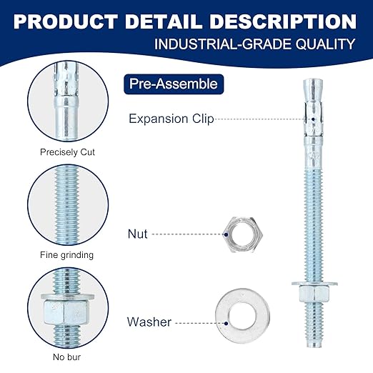 12"x6" Wedge Anchor by Zinced of Heavy-Duty Fastener for Cement and Concrete (8pcs Pack)