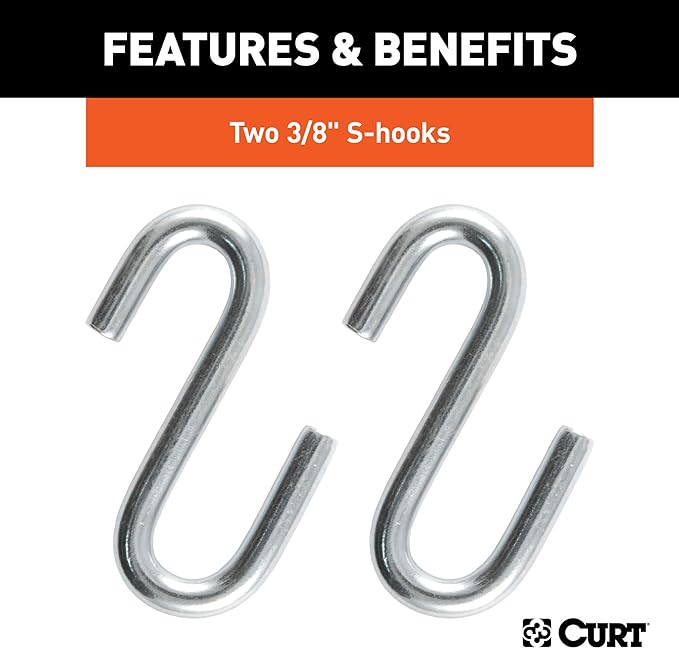 CURT 80010 48-Inch Trailer Safety Chain with 38-In S-Hooks, 2,000 lbs Break Strength