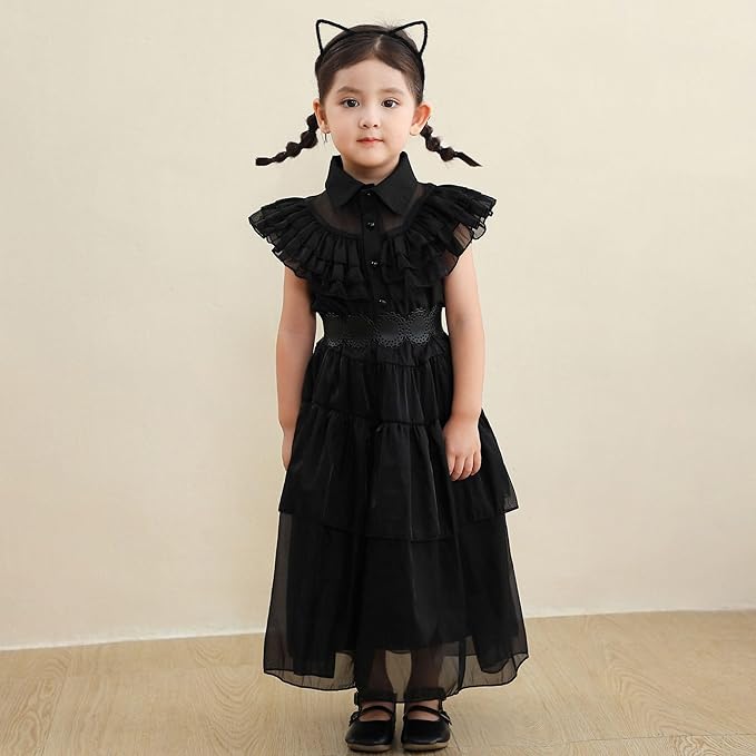 Plustrong Wednesday Addams Black Gothic Cosplay Dress for Girls Halloween Costume